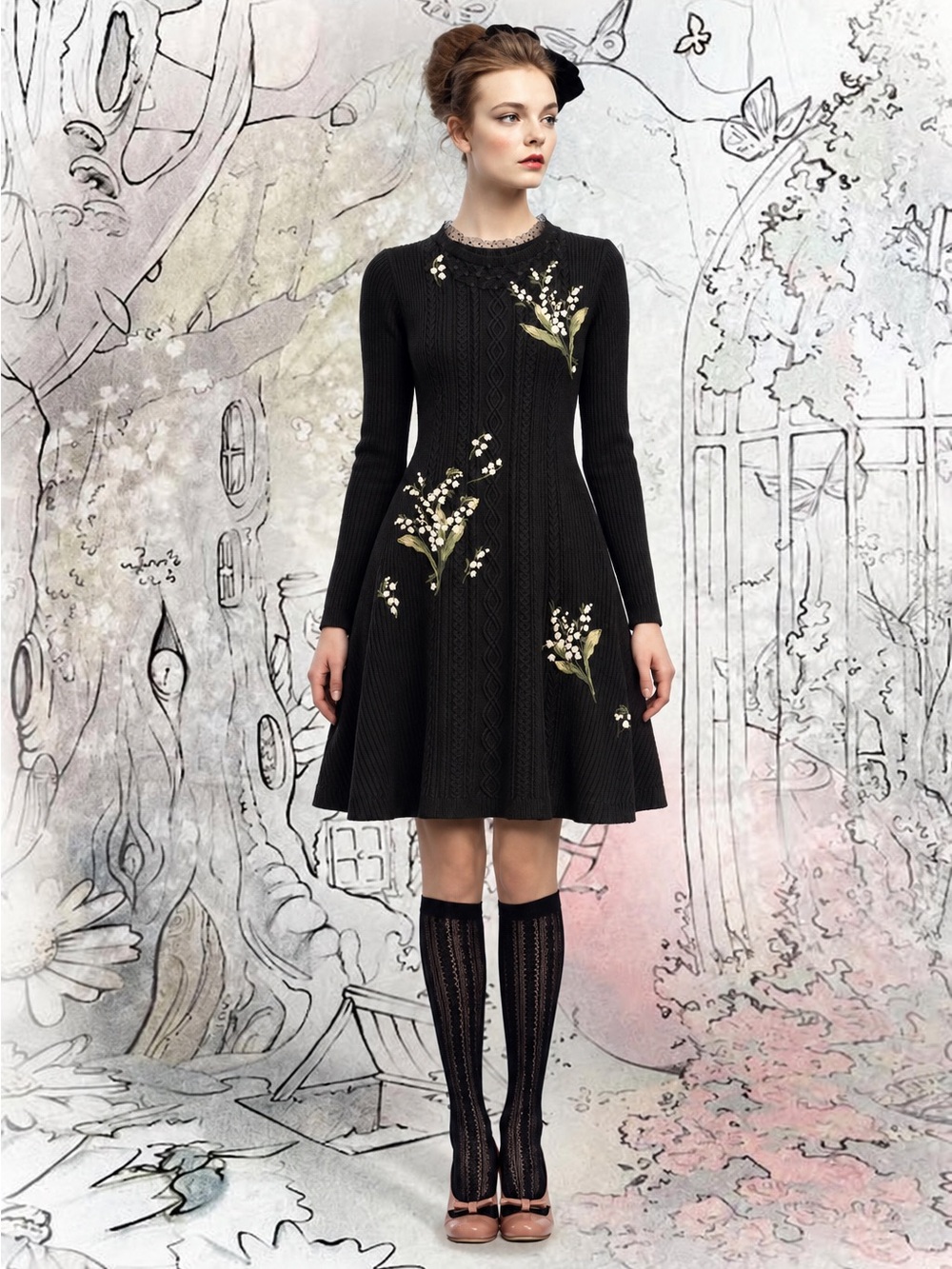 RED Valentino Black Knit Fit-and-Flare Dress with Floral Embroidery